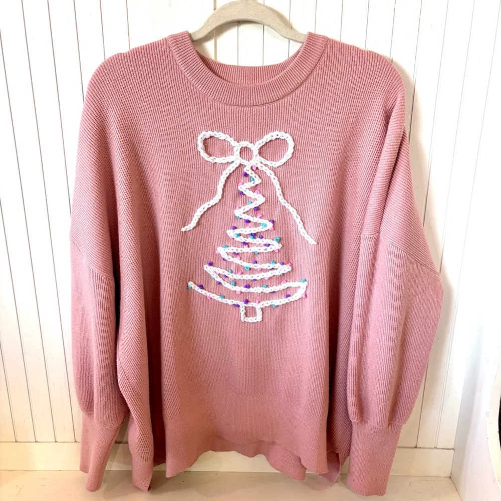 Hand Drawn and Embroidered Pink Holiday Bow Tree Sweater XL - Picture 3 of 10